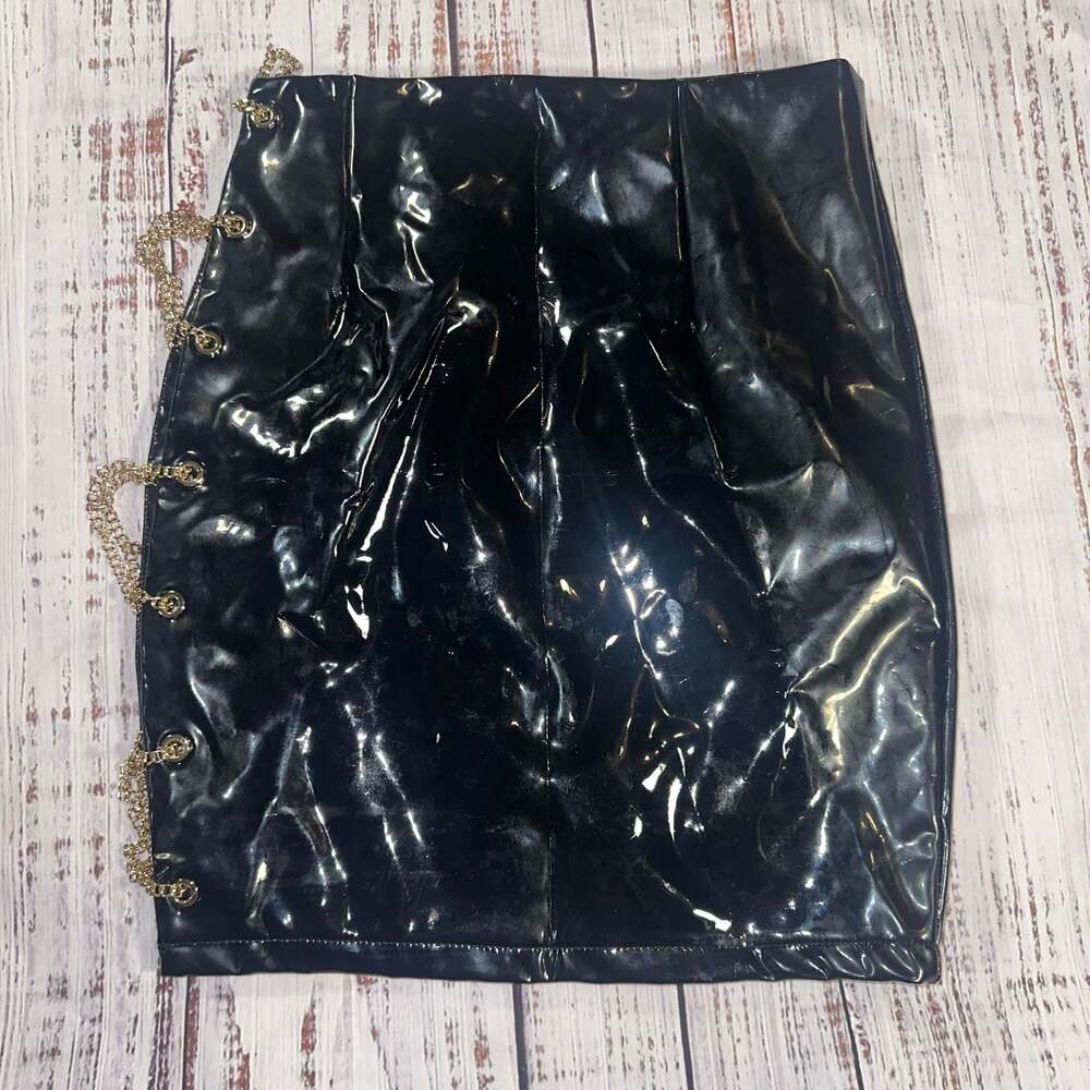 Celebrity by Hera Collection Patent Faux Leather Gold Chain Lace Up Mini Skirt-M
